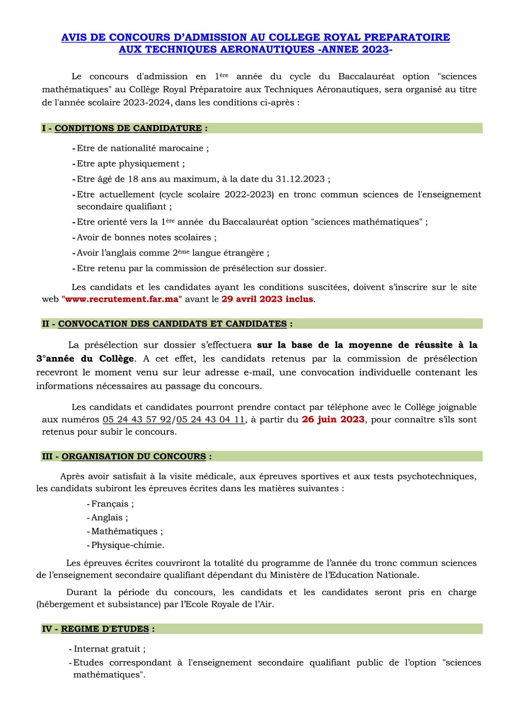 Concours Collège Royal Préparatoire aux Techniques Aéronautiques 2023